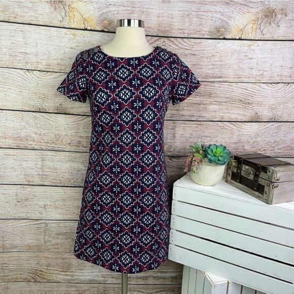 Ann Taylor LOFT Purple Red Round‎ Neck Short Sleeve Shift Mini Dress Size 0 - Picture 1 of 5
